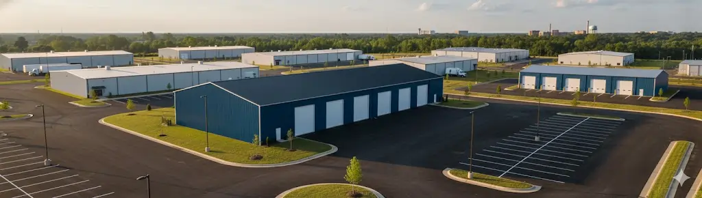 CBlue commercial steel warehouse for business operations, showing a large building with spacious concrete apron for truck access in an industrial setting, ideal for manufacturing or storage in the Southeast