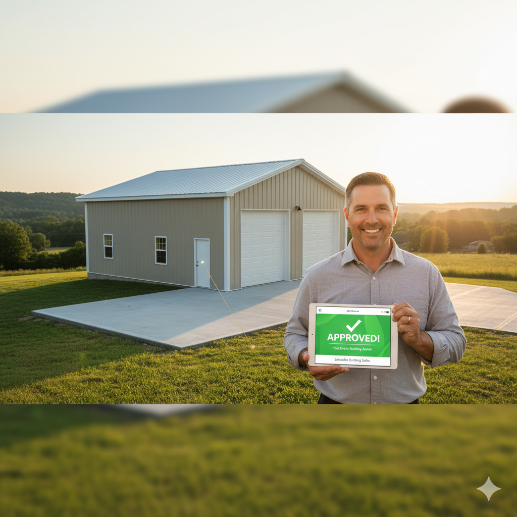 Happy customer standing in front of a newly installed metal building with a tablet showing "Approved," emphasizing easy Rent-to-Own and financing options.