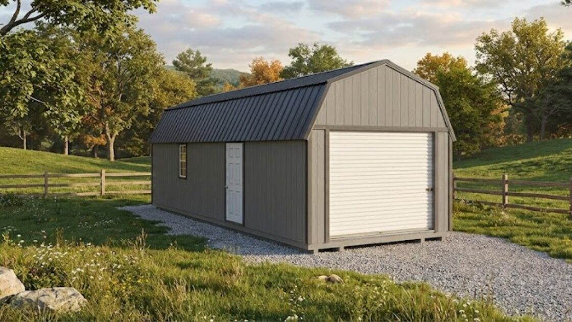 A 12'x32' Smart Shed lofted barn garage style building in a customer's yard near Anderson, South Carolina