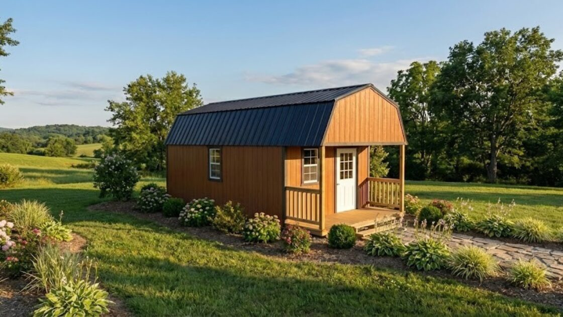 A lofted barn cabin style smart shed portable building sits on a hill overlooking a Northeast Georgia property.