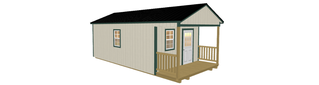 A Cabin style portable building by Smart Shed which is a button to visit Lakeside Building Sales' Cabin information page.