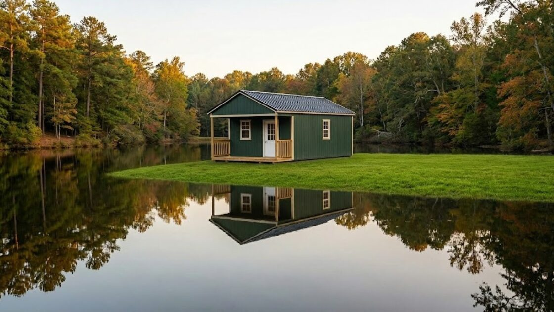 A Smart Shed portable cabin storage building, backyard retreat, or home office sits on a customer's land near a pond.