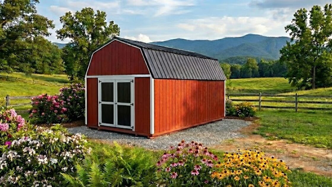 A 12x24 Smart Shed lofted barn portable storage building pictured on a rural farm where it was delivered to the customer in North Carolina, South Carolina, or Georgia.