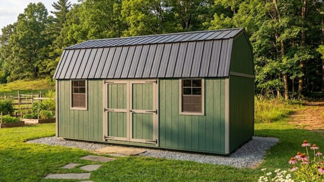 12x20 Smart Shed utility style portable storage building or mini barn in a backyard near Commerce, GA.
