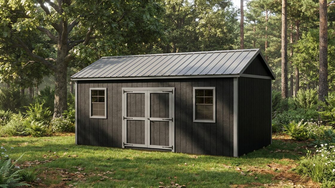 A 12x20 Smart Shed utility style portable storage building or mini barn in a backyard near Hartwell, GA.