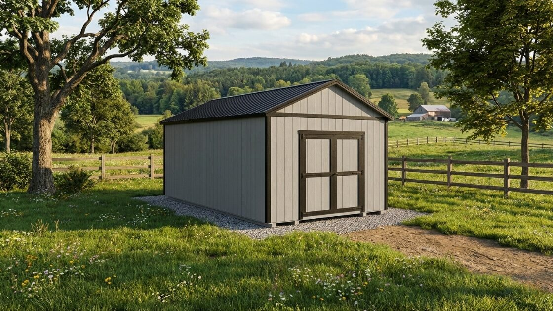 A Smart Shed utility style portable storage building on a customers farm where it was delivered by Lakeside Building Sales near Lula, Georgia.